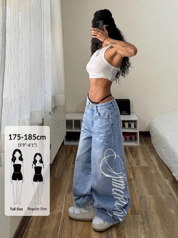 StreetHx Tall Celana Jeans Denim Wanita Kasual Serbaguna untuk Perjalanan Sehari-hari dengan Saku, Kancing, dan Motif Huruf
