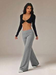 SHEIN PETITE Dark Grey High Waist Wide Leg Loose Casual Sporty Pants Lounge Summer - Dark Grey - View 7