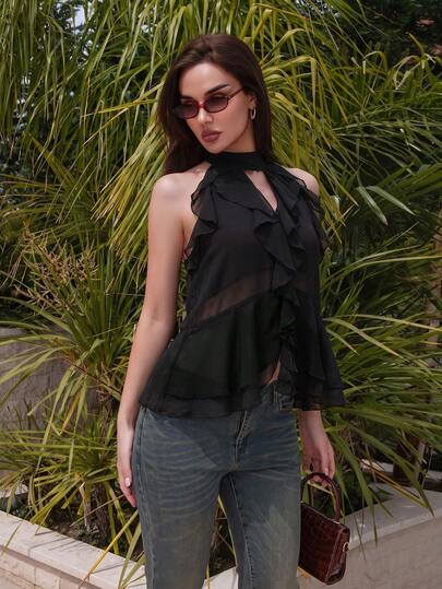 Bris Aura 2025 New Arrival Black Ruffle Chiffon Halter Top With Tie – Boho Summer Style Casual