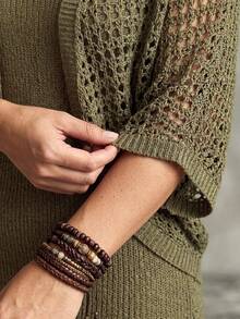 Linhara CURVE Plus Size Women's Solid Color Hollow Out Dress And Cardigan Casual Daily Set Fall - Olive Green - View 4