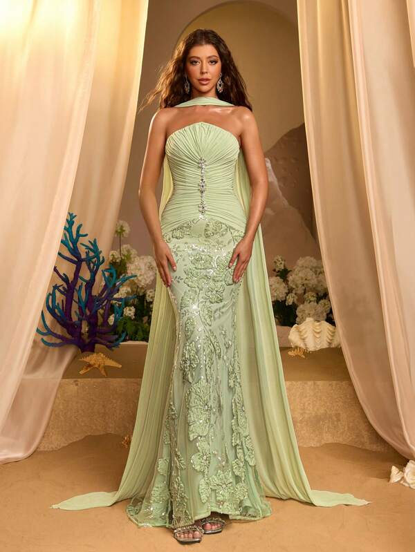 Glamrae Elegant Romantic Fashionable Graceful Green Sequin Embroidered Fabric Ruched Decor Strapless Bustier Mermaid Skirt Elegant Party Dress Wedding Guest Dress Bachelorette Party Dress Formal Evening Gown (Free Scarf)