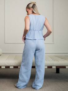Ximena Robles Ximena Robles European & American Style Summer New Pink Stripe Drawstring Simple Casual Straight Leg Pants, Women 2 Pieces Set Elegant - Blue - View 2