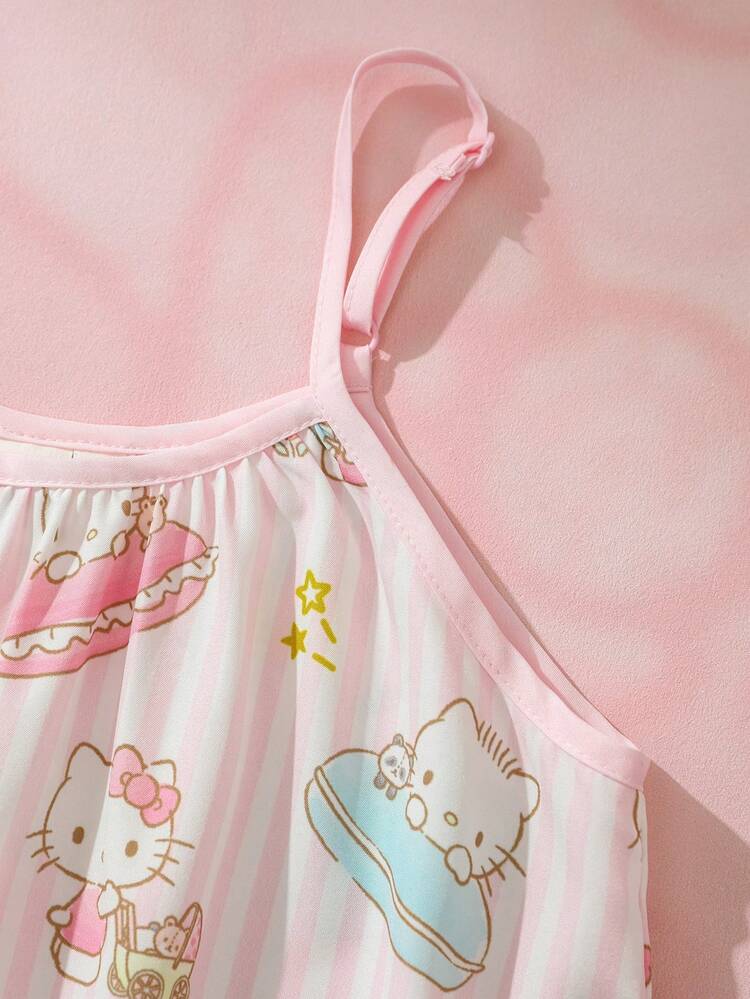 HELLO KITTY AND FRIENDS | SHEIN 少女卡通印花荷葉邊下擺細肩帶洋裝 - 黃色 - 查看 4