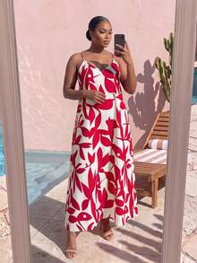 SHEIN Lady CURVE 大尺碼女款全印花休閒日常夏季旅行細肩帶洋裝 - 紅白色 - 查看 3