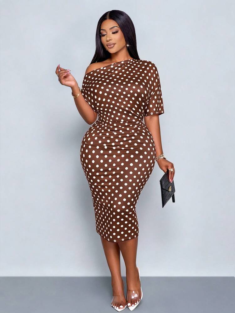 SOLERSUN Plus Size Women's Party Evening Dinner Valentine's Day White Polka Dot Off-Shoulder Knitted Mid-Length Dress Romantic Date Summer Elegant Business - Brown - View 4