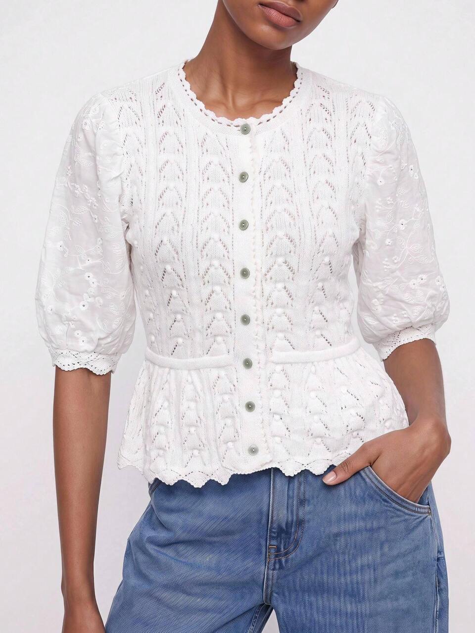 SHEIN Maija Cream White Women's Hollow Out Single-Breasted Casual French Romantic Elegant Knit Top Autumn Festival Country Tea Party Birthday Daytime Date Night