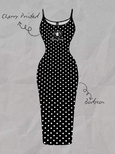 Betty Boop x SHEIN SHEIN EZwear Casual Minimalist Full-Print Vintage Polka Dot Betty Collaboration Print Fitted Spaghetti Strap Maxi Dress, Suitable For Summer, Outings, Beach Vacation, Back To School, Holidays