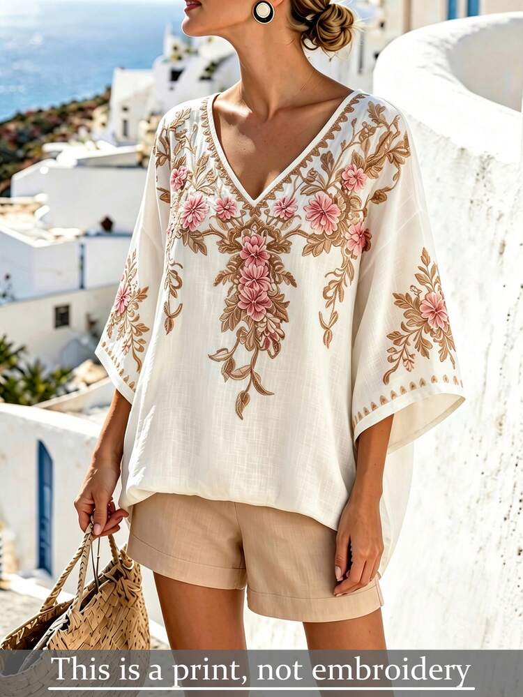 Selamara Women's Summer Beach Floral Print Drop-Shoulder Long Top, Greek Vacation Style Floral Print Casual V-Neck Loose Top, Unique Bohemian Style Floral Print Linen Blend V-Neck Top, Summer Holiday Floral Print Flowy Loose Plus Size Top, Coastal Vintage Style Floral Print Off-Shoulder Casual Top - Multicolor - View 1