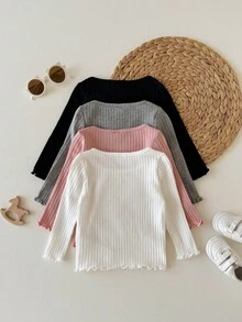 SHEIN 4pcs Baby Girl Casual Cute Knit Solid Color Long Sleeve Tops - Baby Pink - View 2