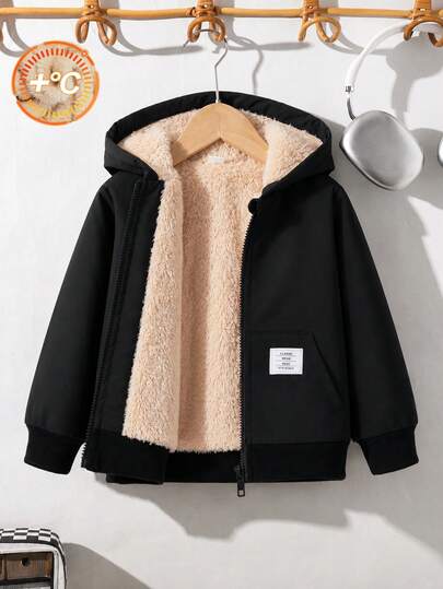 SHEIN Boys' Solid Color Fleece Lined Hooded Jacket, Perfect Combination Of Fashion And Comfort, Soft Fleece Lining For Comfort, Suitable For All Seasons And Outdoor Activities, Provides All-Weather Protection And Warmth For Children, Ideal For School, Outdoor Play And Daily Wear, Let Children Confidently Showcase Their Fashion Style, A Must-Have Item In The Wardrobe