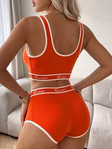 SuitURBody 2 件女士圆领修身上衣和字母印花短裤内衣套装 - 橘色 - 查看 2