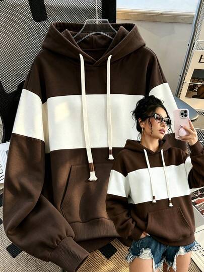 Elenzga Vintage Dark Brown & White Patchwork Hooded Sweatshirt, Cream White Tassel Drawstring Pocket Loose Casual Pullover Women's Sweatshirt