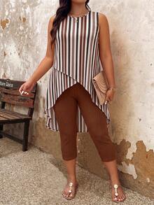 EMERY ROSE Color Block Striped Print Criss-Cross Sleeveless Top Leggings 2pcs Set, Plus Size, Spring/Summer Vacationbeige Chocolate Brown Vacation Outfits Women - Multicolor - View 1