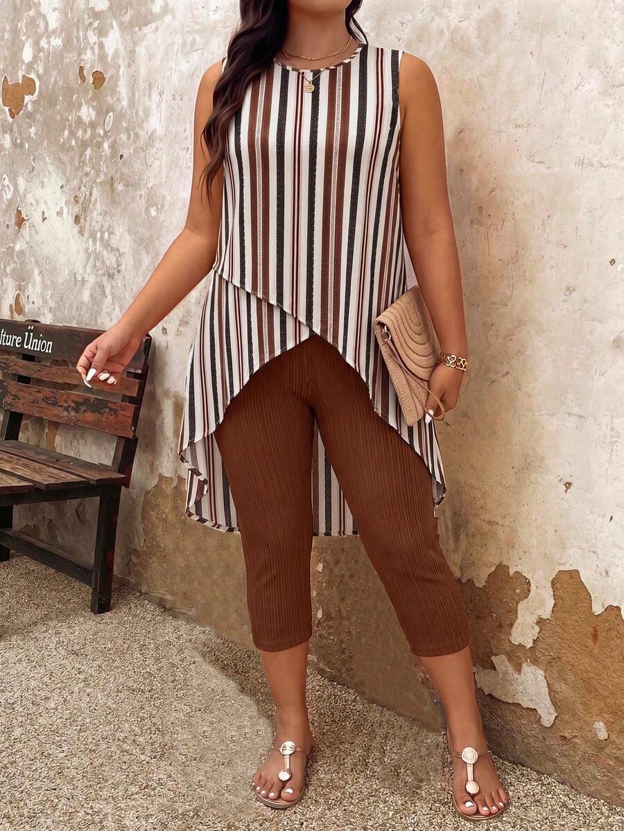 EMERY ROSE Color Block Striped Print Criss-Cross Sleeveless Top Leggings 2pcs Set, Plus Size, Spring/Summer Vacationbeige Chocolate Brown Vacation Outfits Women - Multicolor - View 1