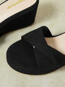 Styleloop Ladies Shoes, Linen Texture, Black, Open-Toed, Wedge Sandals, Retro Style, Suitable For Summer French Casual Vacation Wear - Black - View 8