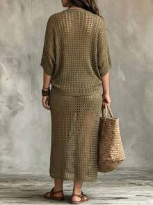 Linhara CURVE Plus Size Women's Solid Color Hollow Out Dress And Cardigan Casual Daily Set Fall - Olive Green - View 2