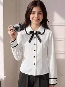 SHEIN Tween女孩 3D蝴蝶結裝飾單排扣百褶襯衫 - 彩色 - 查看 2
