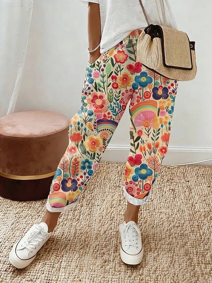 SHEIN 女款多色數位印花設計附口袋休閒鄉村波希米亞風旅行度假街拍氛圍夏季長褲秋季長褲新款必備時尚單品小眾設計百搭女休閒長褲 - 彩色 - 查看 1