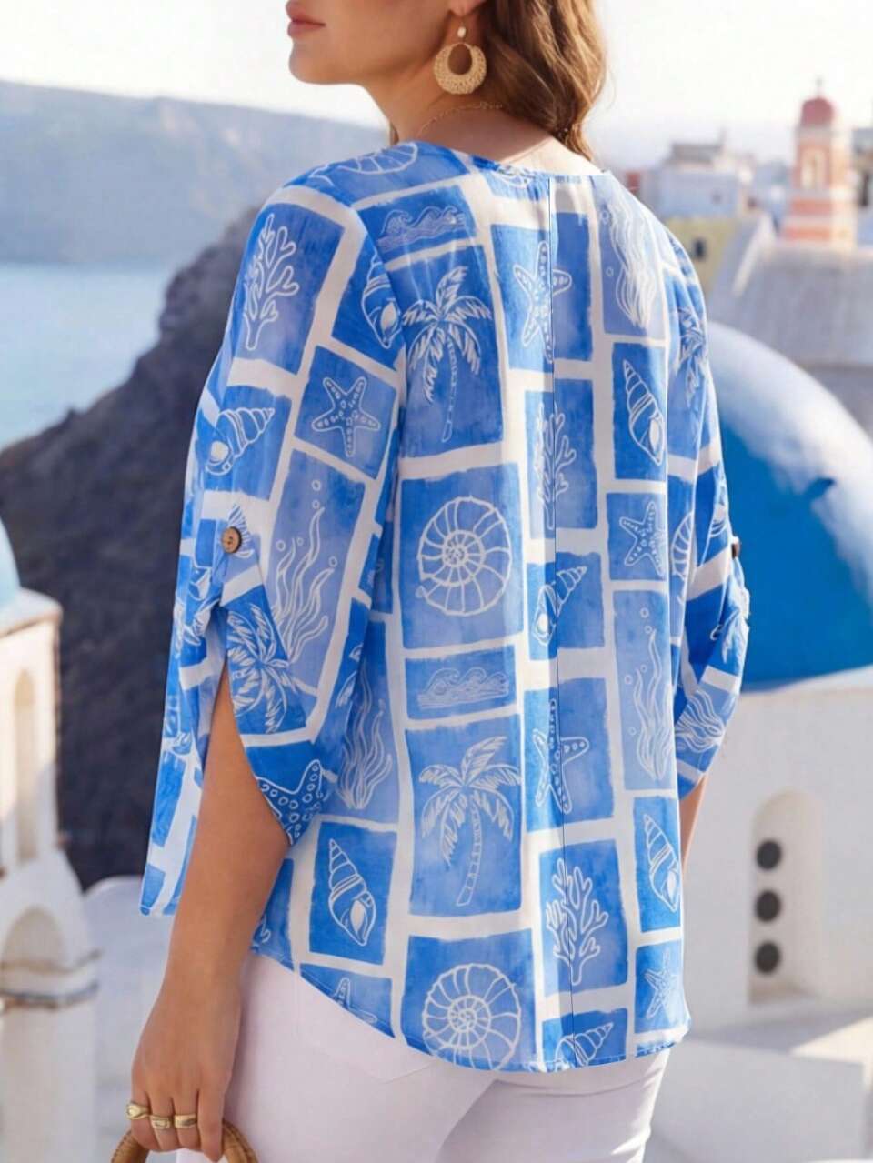 Plus Size Casual Blue Vacation Ocean Creature Print Summer Blouse, Blue And White Top Summer Beach Vacation