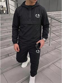 青少年男孩半拉鍊連帽外套與慢跑長褲2件套，休閒運動風，適合秋冬 - 彩色 - 查看 5