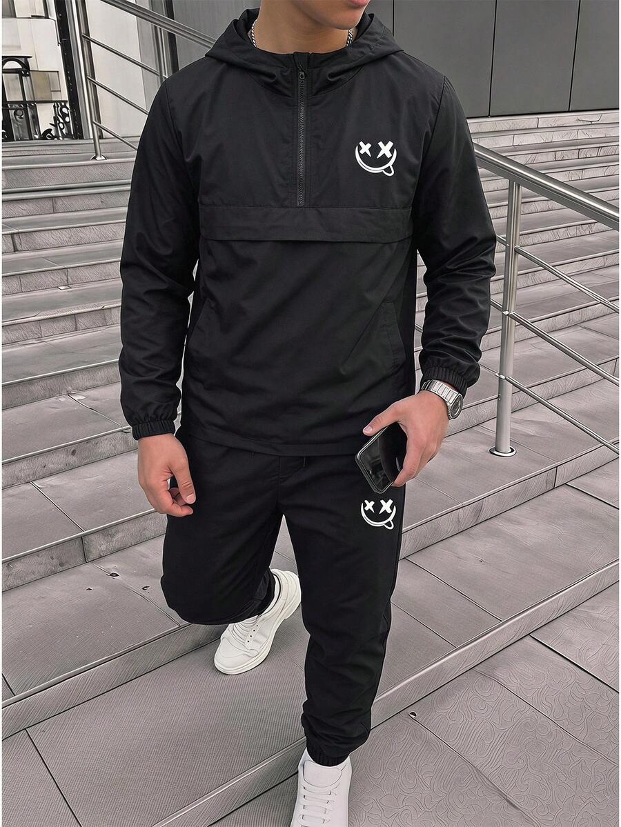兒童青少年男孩半拉鍊連帽夾克與慢跑長褲2件套，休閒運動風，適合秋冬返校穿著，黑白配色