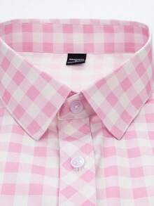 Manfinity Homme Camisa a cuadros de manga corta roja, logotipo bordado único, camisa a cuadros refrescante, casual y versátil - Rosa - Ver 4