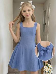 SHEIN Tween Girls Dresses Fabric Square Neck A-Line Back Bow Decor Sleeveless Dress, Suitable For Daily Commute, Elegant Cute, Party, Back To School - Blue - View 2