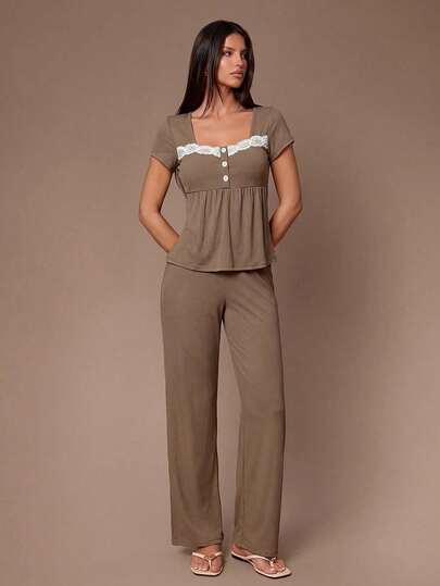 Lazeform Solid Color Lace Patchwork Square Neck Button-Down Short Sleeve Long Pants Women's Pajama Set