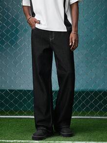 EVRINFINITE Casual Loose Fit Wide Leg Jeans With Back Pocket Star & Letter Embroidery Design - Black - View 2