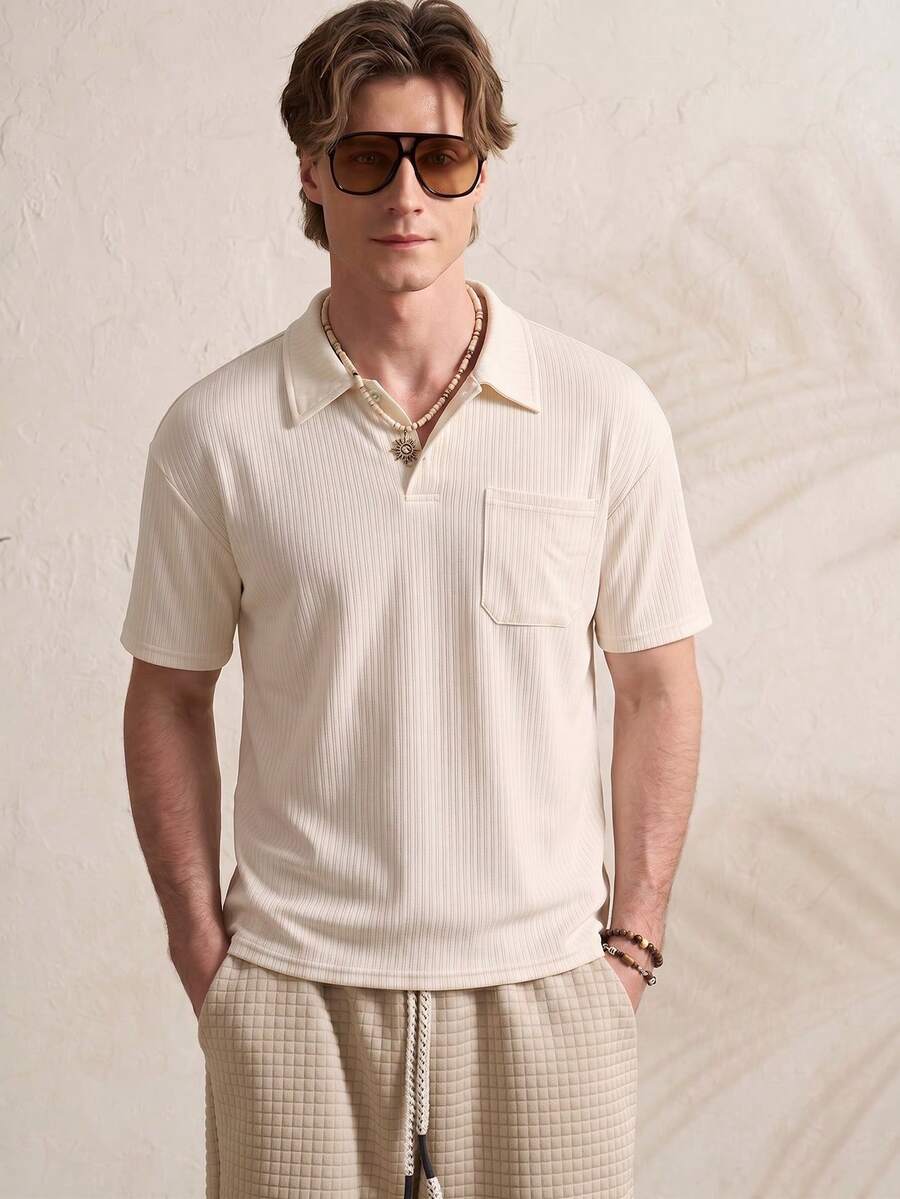 TONEVAULT Men's Casual Cute Solid Color Short Sleeve Polo Shirt For Daily Wear Vacation Beige Summer - Apricot - View 1