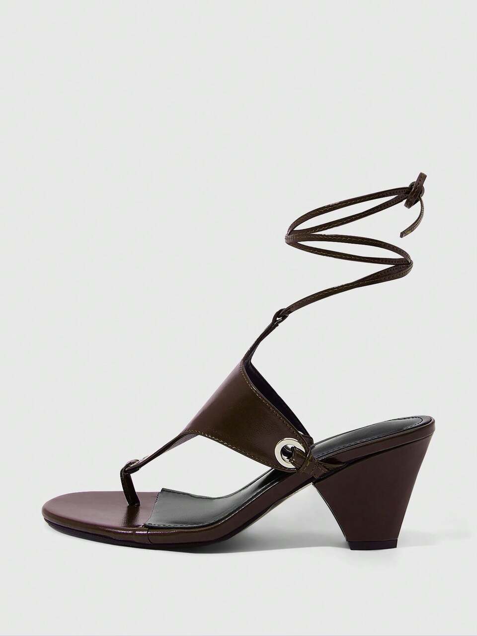 CUCCOO SZL Coffee Brown Strap Toe Thick Heel Sandals Women's Summer, Niche Design Temperament High Heels Roman Shoes