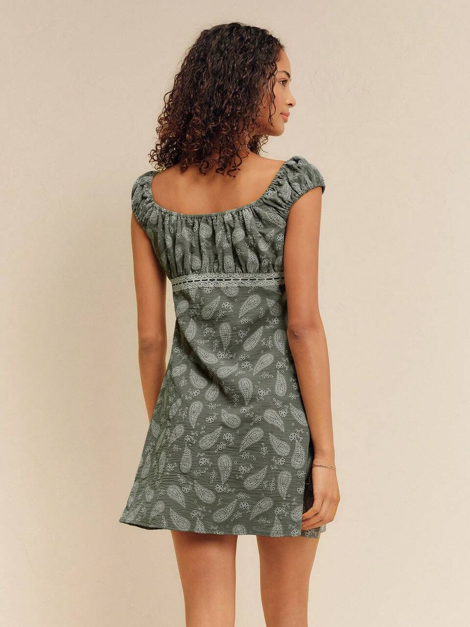 Khaki Green Bandana Print Mini Dress With Short Sleeve And Underbust Lace Trim Detail Summer Holiday