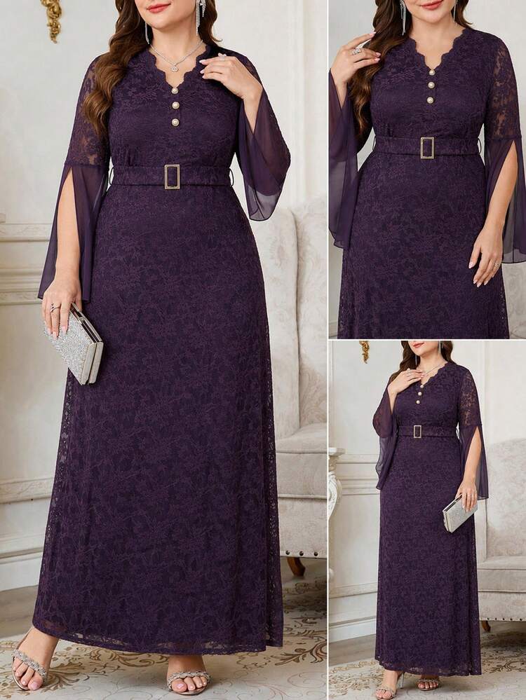 Reflora Plus Size Women's Curved V-Neck Split Long Sleeve Elegant Lace Dress,Elegant Long Party Dress,Mother,Luxury Evening Dress For Women,Party Dress - Purple - View 1