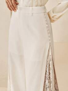 Anewsta Elegant White Wide-Leg Pants With Contrast Lace And Pleats, Suitable For Daily Wear Brunch Tea Party And Dates Autumn - Apricot - View 6