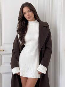 Privoire Women's Elegant Commute Solid Color Stand Collar Knit Dress - White - View 3
