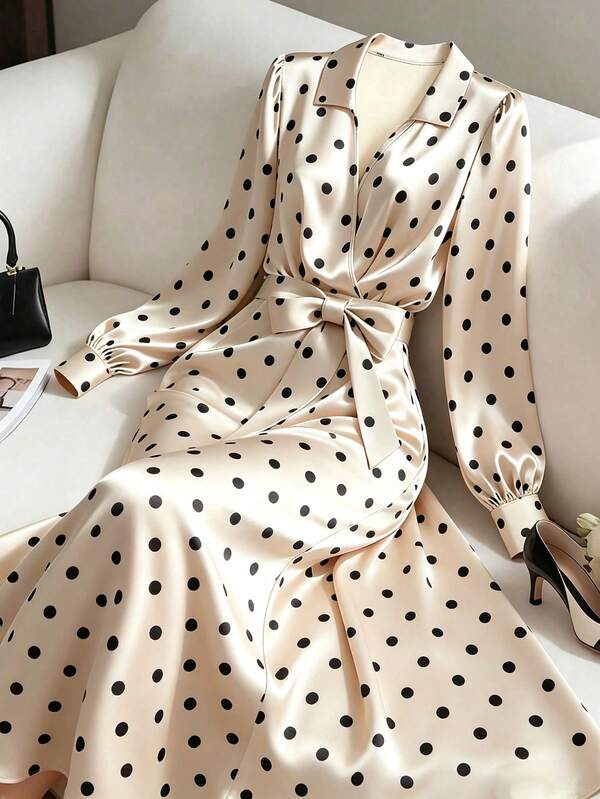 GlowEve CURVE Gaun Panjang Wanita Ukuran Plus Elegan Kasual Vintage untuk Perjalanan Sehari-hari Motif Polkadot Satin Lengan Panjang Leher Silang dengan Pita Ikat