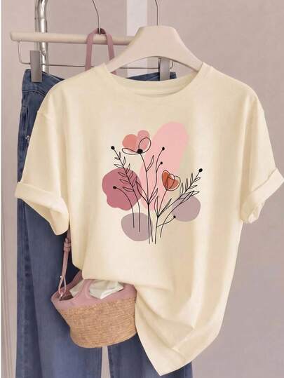New Casual Short-Sleeved T-Shirt With Round Neck For Women, With Modern Print Design, Soft And Comfortable Fabric, And Excellent Fall.