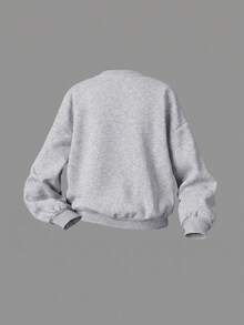 SHEIN Kids Tween Girl Casual Heart Print Knit Solid Color Loose Drop Shoulder Long Sleeve Sweatshirt & Pleated Wide Leg Sweatpants Set - Grey - View 11