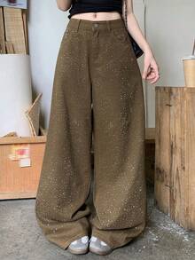 DAZY Rhinestone Embellished Loose Fit Casual Vacation Streetwear Spring Autumn Long Pants Women's Jeans - Khaki - View 3