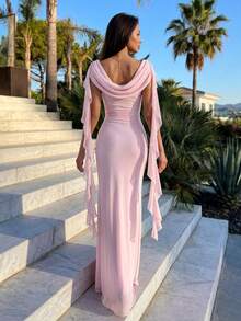 Firerie Women's Elegant Tropical Date Cocktail Casual Vacation Beach Afternoon Tea Light Pink Mesh Off-Shoulder Draped Ruffle Trim Tie-Waist A-Line Dress Summer,Graduation Dress,Wedding Guests - Pink - View 2