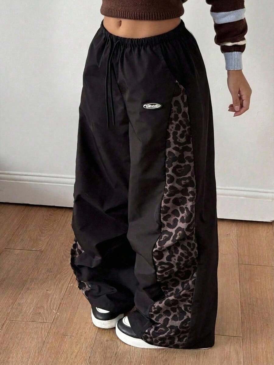 SHEIN Tween Girls Spring And Summer Concert Streetwear Color-Blocked Parachute Pants - Black - View 1