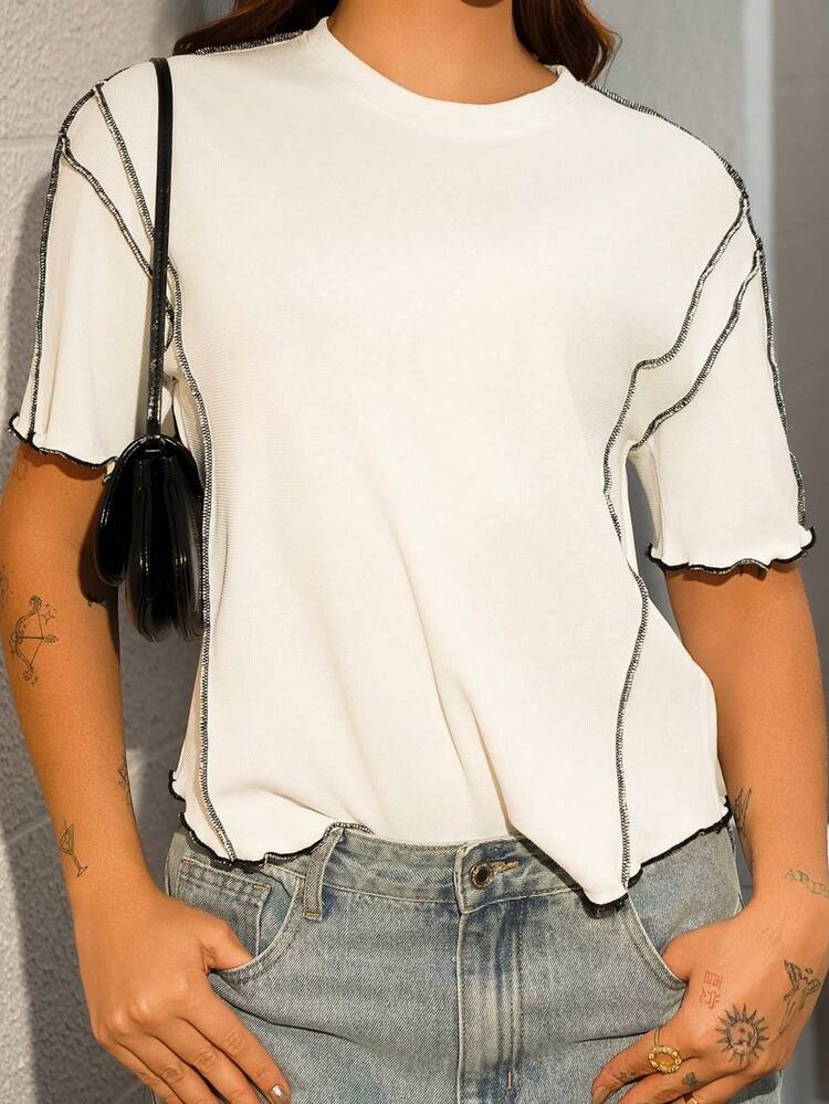 Vivi Wanderley Women's Casual Loose Fit Contrast Color Striped Round Neck Dropped Shoulder Blouse, Versatile Beach Wear White - White - View 5