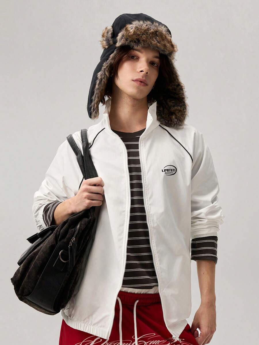 Vaulklash Men's Casual Street Wear Graphic Streetwear Letter Print Reflective Contrast Stripe Long Sleeve Jacket Beach Graduation College School White Autumn - White - View 1