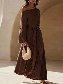 Zivah Women's Solid Color One Shoulder Waist Knot Casual Elegant Party Dinner Vacation Travel Long Dress Brown Autumn - Brown - View 3