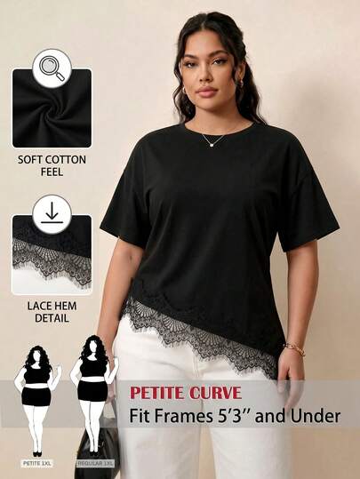 SHEIN PETITE CURVE Plus Size Women Solid Color Round Neck Short Sleeve Contrast Lace Asymmetric Hem Fashion Top