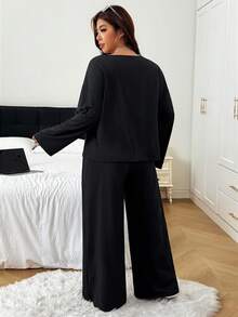 SHEIN EZwear Plus Size Women's Solid Color Round Neck Long Sleeve Top And Pants Casual Daily 2-Piece Set Fall - Black - View 3