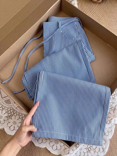 GlowEve Women's Black And White Striped Tie Waist Wide Leg Pants With Pockets And Belt Loops, Long Length, Elegant And Sophisticated, Birthday Gift, Date, Party, Valentine's Day, Carnival, Gathering, Music Festival, Travel, Vacation, Street Style, Photo-Worthy, Summer Long Pants, Summer New Arrival, Essential Fashion Item, Versatile Black And White Wide Leg Pants