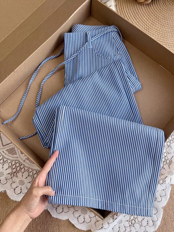 GlowEve Women's Black And White Striped Tie Waist Wide Leg Pants With Pockets And Belt Loops, Long Length, Elegant And Sophisticated, Birthday Gift, Date, Party, Valentine's Day, Carnival, Gathering, Music Festival, Travel, Vacation, Street Style, Photo-Worthy, Summer Long Pants, Summer New Arrival, Essential Fashion Item, Versatile Black And White Wide Leg Pants