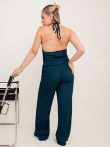 Ximena Robles Ximena Robles Textured Fabric Pleated Halter Top And Loose Wide Leg Pants Set Elegant Summer - Teal Blue - View 2