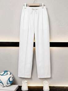 SHEIN Tween Boy Casual Solid Color Toothpick Pleat Decor Drawstring Elastic Waist Long Pants, Suitable For Autumn, Spring, Winter, Ideal For Outdoor Play, School, Street Style, Party Casual, High Cost-Performance - White - View 2